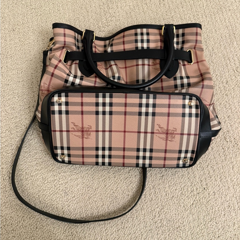 BURBERRY Haymarket Check Coated Canvas Medium Goldtone Tote Bag - Picture 12 of 16